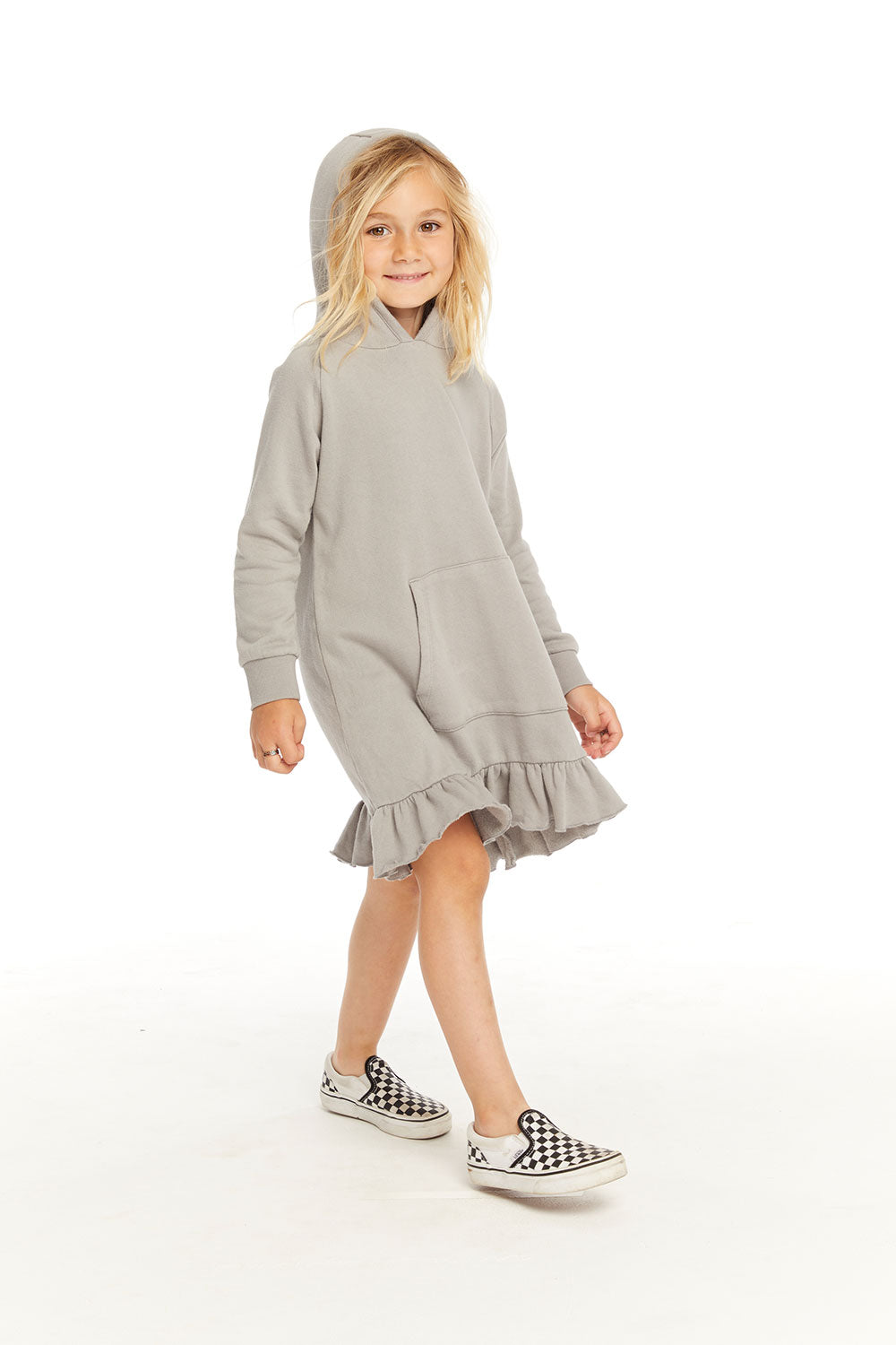 Long Sleeve Gravel Grey Hooded Ruffle Hem Dress GIRLS chaserbrand