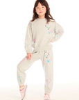 Full body view of girl wearing Chaser’s light gray Winter Love Stitches Long Sleeve with matching Winter Love Pants with colorful designs on a white background