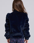 Chaser Kids Avalon Girls Puff-Sleeve Jacket in navy plush fabric, rear view against a light gray studio background