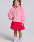 Chaser Kids Camelia Girls Puff-Sleeve Jacket in pink worn with a pink skirt, full-body front view against a light gray studio background