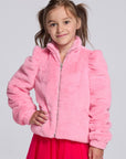 Chaser Kids Camelia Girls Puff-Sleeve Jacket in pink plush fabric with a front zipper, front view against a light gray studio background