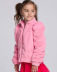 Chaser Kids Camelia Girls Puff-Sleeve Jacket in pink plush fabric, front three-quarter view against a light gray studio background