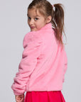 Chaser Kids Camelia Girls Puff-Sleeve Jacket in pink plush fabric, rear three-quarter view against a light gray studio background