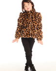 Full body view of girl wearing Chaser’s Puff Sleeve Leopard Love Jacket with black jeans and boots on a white background