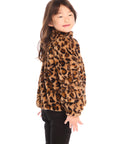 Side view of girl wearing Chaser’s Puff Sleeve Leopard Love Jacket on a white background