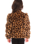 Back view of girl wearing Chaser’s Puff Sleeve Leopard Love Jacket on a white background