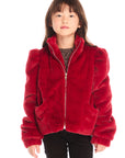 Girl wearing Chaser’s Puff Sleeve Rouge Jacket on a white background