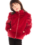 Girl wearing Chaser’s Puff Sleeve Rouge Jacket on a white background