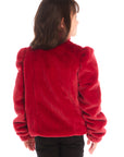 Back view of girl wearing Chaser’s Puff Sleeve Rouge Jacket on a white background