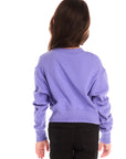 Back view of girl wearing Chaser’s purple Snow Day Athletic Club long sleeve with text and graphics on a white background