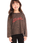 Girl wearing Chaser’s Blondie Leopard & Hearts print pullover top with red text on a white background