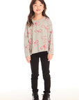 Full body view of girl wearing Chaser’s gray Red Bows Long Sleeve with pink bow pattern and black pants on a white background