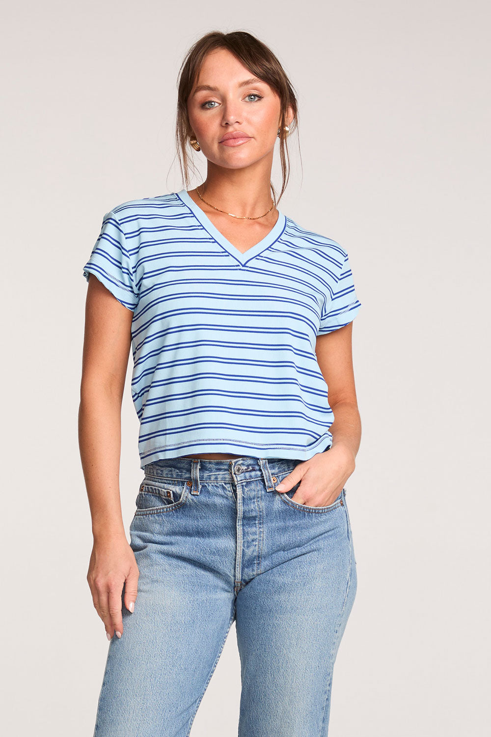 Gator Amalfi Blue Stripe V Neck Tee WOMENS chaserbrand