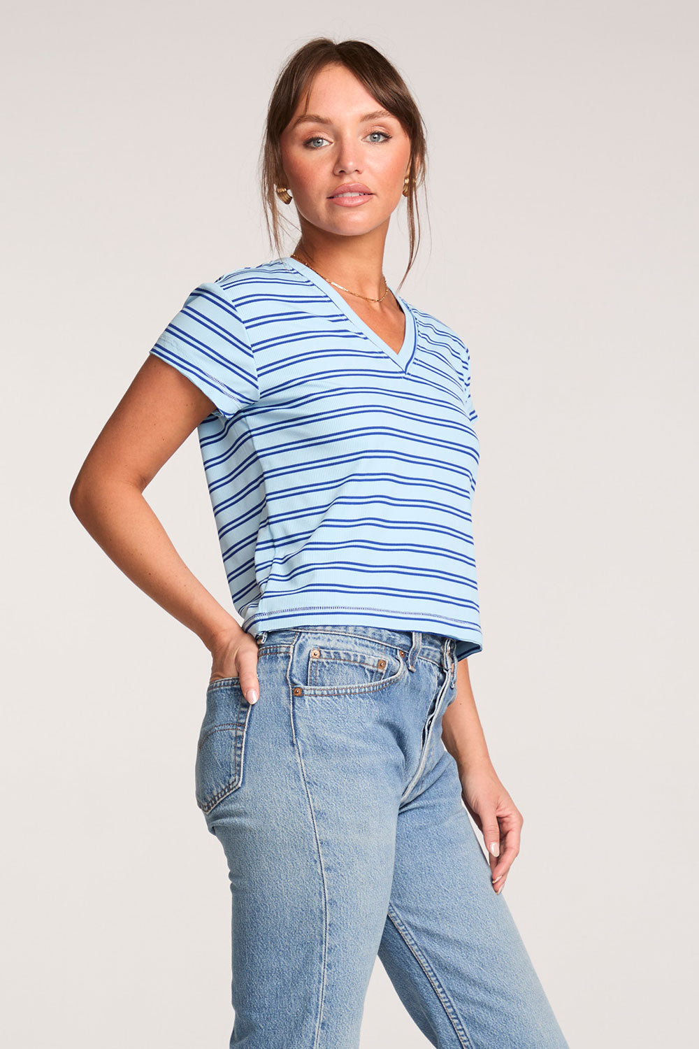 Gator Amalfi Blue Stripe V Neck Tee WOMENS chaserbrand