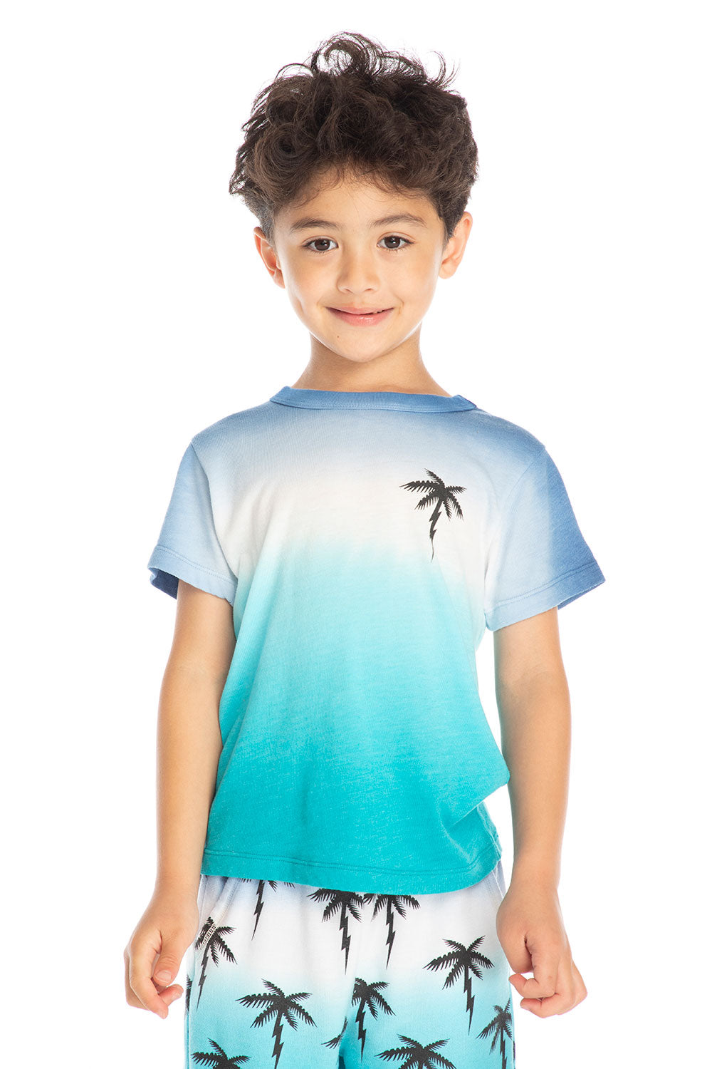 Boy wearing Chaser Kids Lightning Palm Tee in blue and white ombré with a single palm-and-lightning graphic on the chest, front view on white background