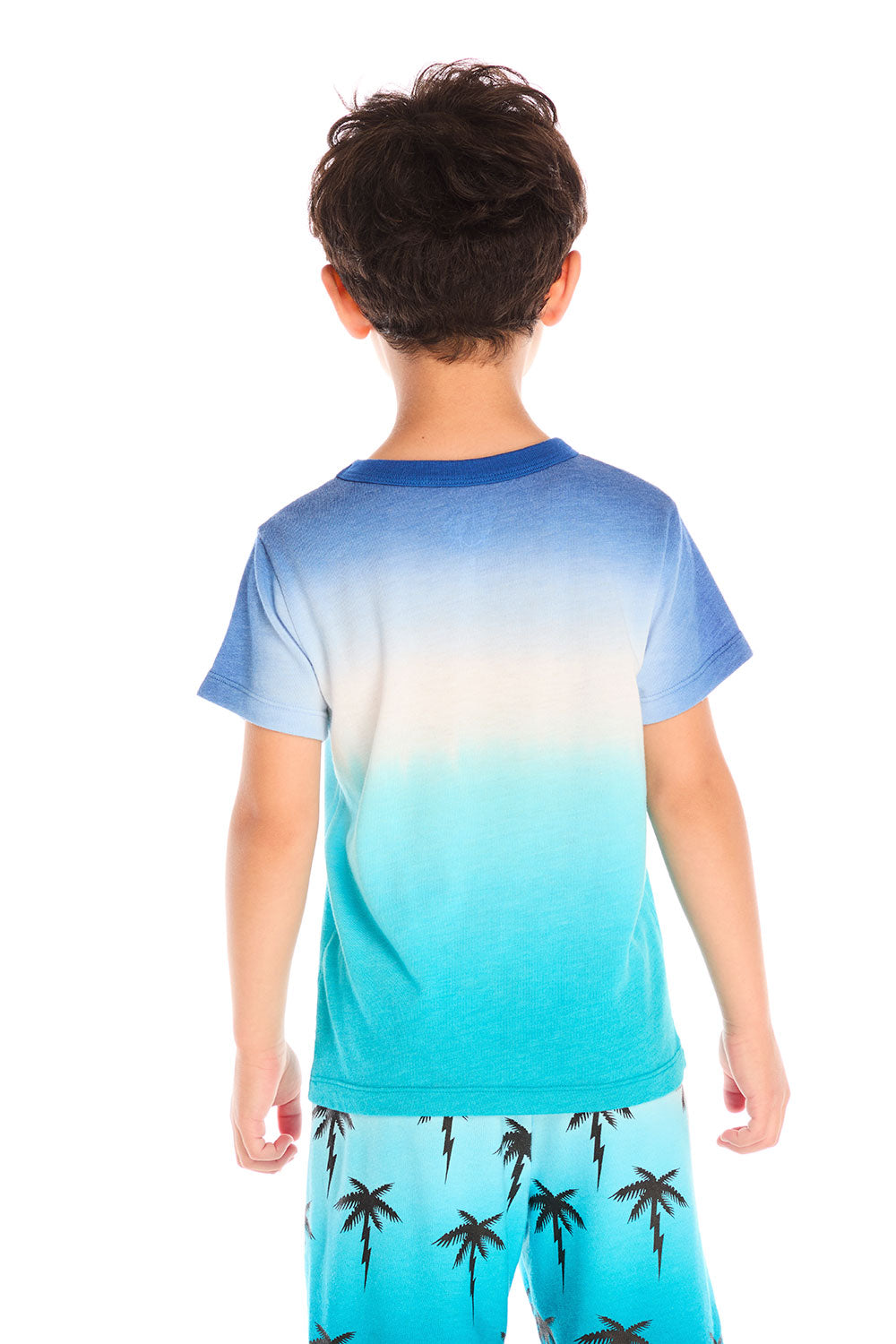 Back view of boy wearing Chaser Kids Lightning Palm Tee with smooth ombré gradient from blue to aqua, white background