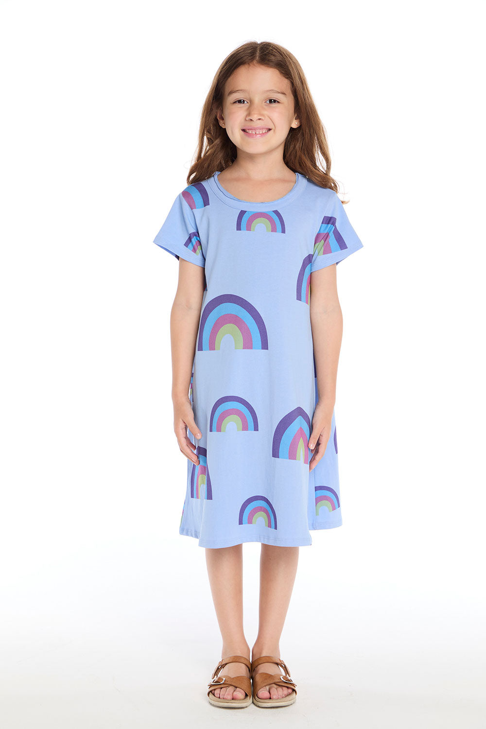 Full body view of the Chaser Kids Allover Rainbows Short Sleeve Shirt Dress in Blue Hydrangea with colorful rainbow graphics on a white background