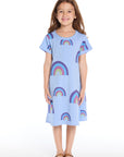 Full body view of the Chaser Kids Allover Rainbows Short Sleeve Shirt Dress in Blue Hydrangea with colorful rainbow graphics on a white background