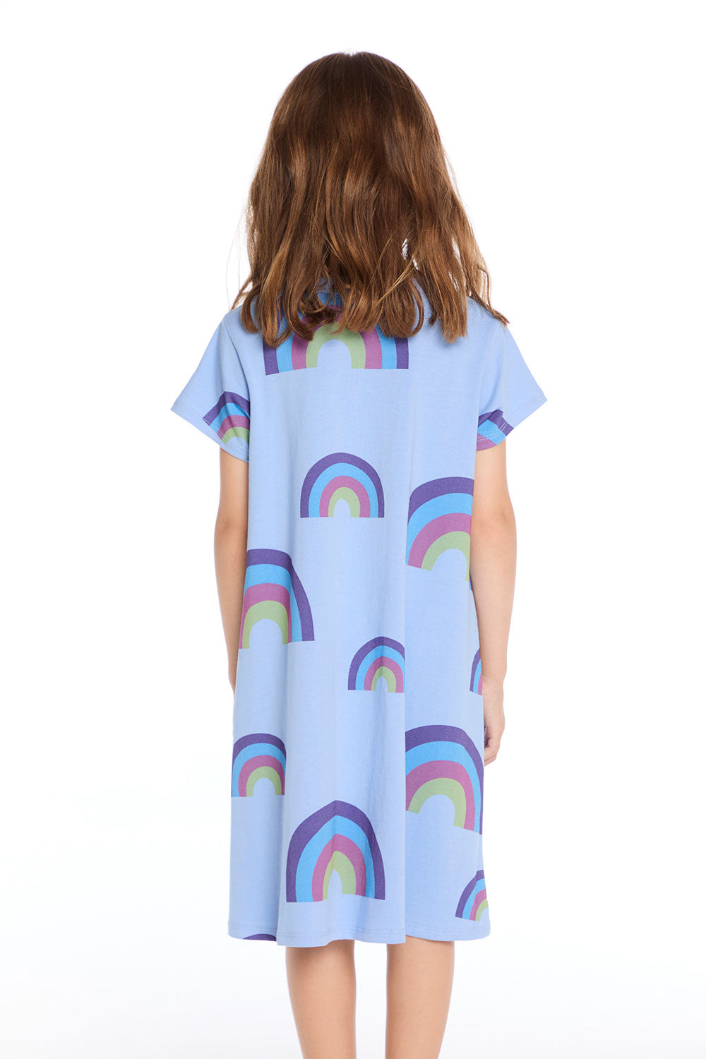 Back view of the Chaser Kids Allover Rainbows Short Sleeve Shirt Dress in Blue Hydrangea with allover rainbow prints on a white background