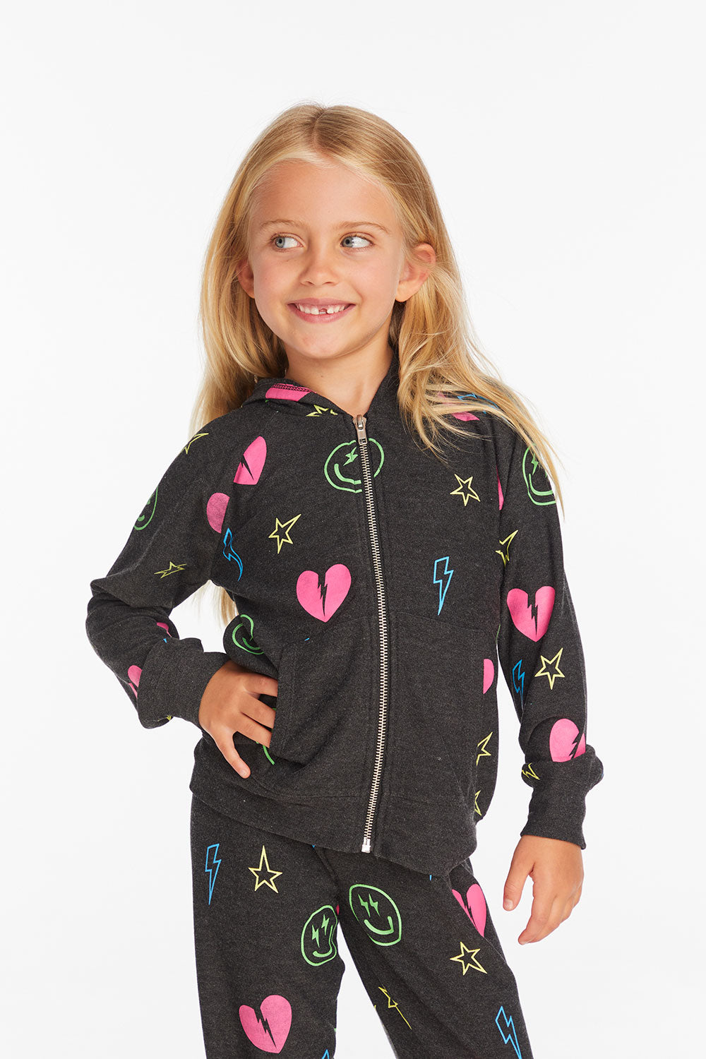 Neon Heart &amp; Smiles Girls Zip-up Hoodie Girls chaserbrand