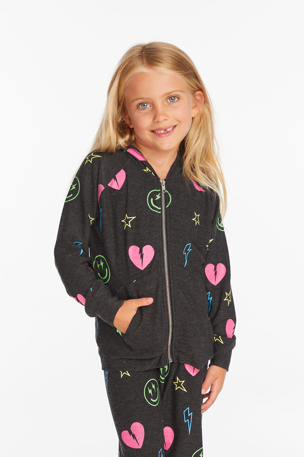 Neon Heart &amp; Smiles Girls Zip-up Hoodie Girls chaserbrand