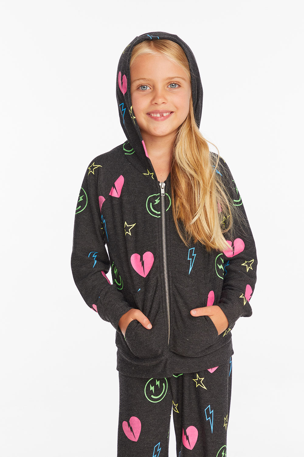 Neon Heart &amp; Smiles Girls Zip-up Hoodie Girls chaserbrand