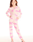 Full body view of girl wearing Chaser’s Celestial Tigers Zip Up Hoodie with pink animal pattern and matching sweatpant on a white background