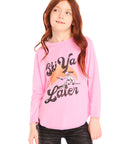 Girl wearing Chaser’s pink Ski Ya Later Long Sleeve with text and graphics on a white background