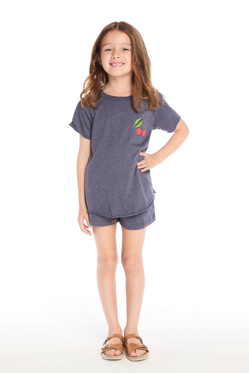 Full body view of the Chaser Kids Allover Cherries Shorts in Avalon Blue shown with the matching Cherry Shirttail Tee on a white background