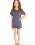 Full body view of the Chaser Kids Allover Cherries Shorts in Avalon Blue shown with the matching Cherry Shirttail Tee on a white background