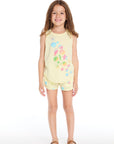 Full body view of the Chaser Kids Colorful Shells Shorts in Pale Nectar shown with the matching Colorful Shells Tank on a white background