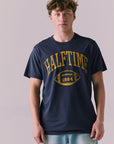 Front view of Halftime 1984 tee in navy with bold athletic graphic.