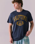 Front view of Halftime 1984 tee in navy with bold athletic graphic.