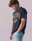 Side view of retro Halftime 1984 tee in navy.