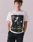 Front view of Elvis Live Portrait tee in white with Sun Records artwork.