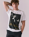 Front view of Elvis Live Portrait tee in white with Sun Records artwork.