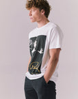 Side view of white Sun Records Elvis tee with retro graphic.