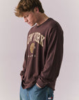 Side view of New York graphic tee in Kahlua Brown.