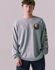 Front view of silver grey long sleeve tee with rainbow Stealie skull on chest.