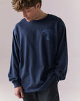 Front view of long sleeve tee in Dark and Stormy Blue with subtle Stealie skull design.