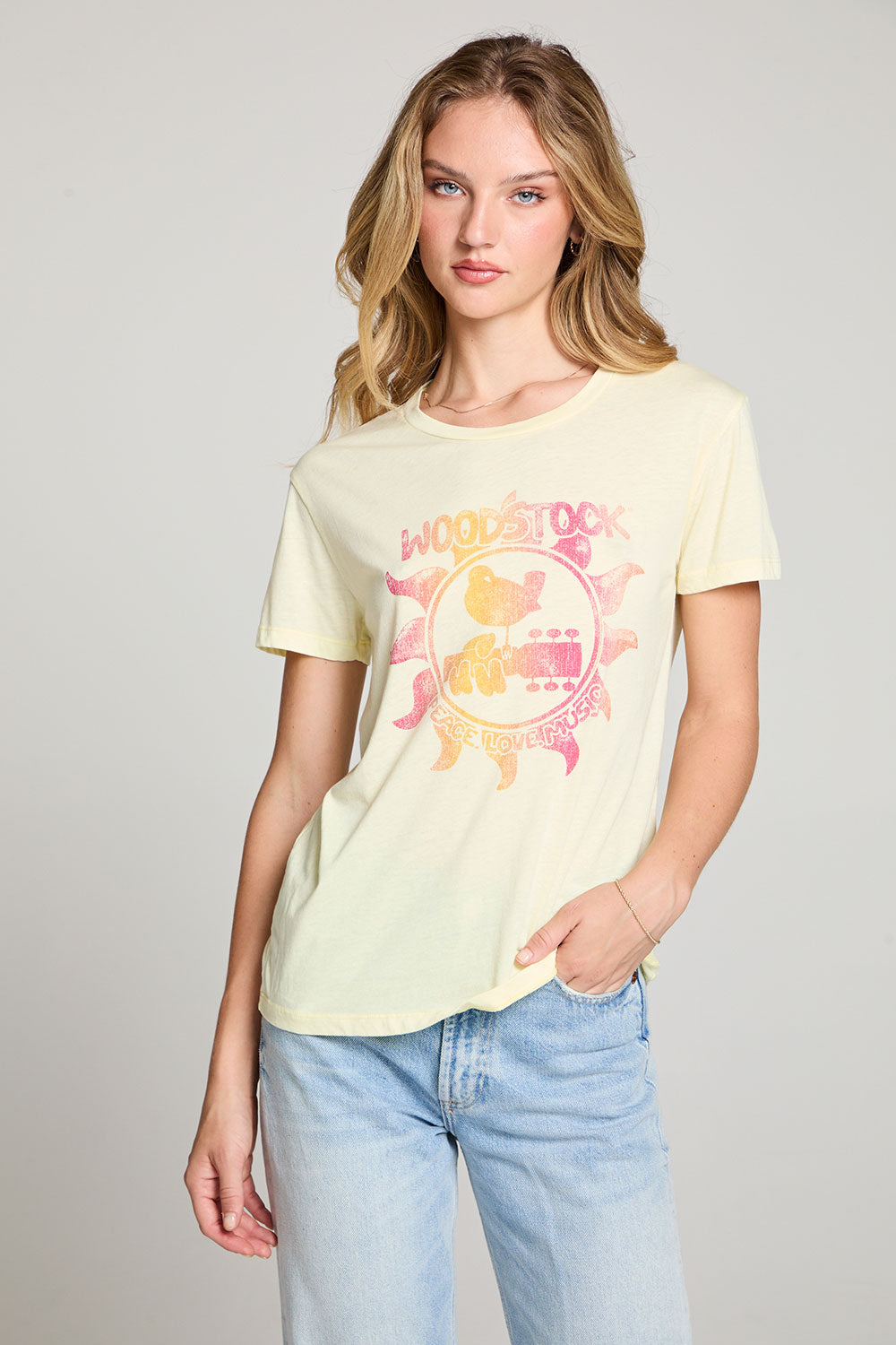Woodstock Peace Love Music Poster Crew Neck Tee WOMENS chaserbrand
