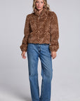 Model wearing Chaser's Baby Deer Puff Sleeve Jacket in warm brown spotted faux-fur texture with oversized puff sleeves, full-body view