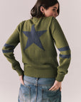 Back view of Varsity Star Sweater in bronze green with large star graphic centered between the shoulders against a plain background