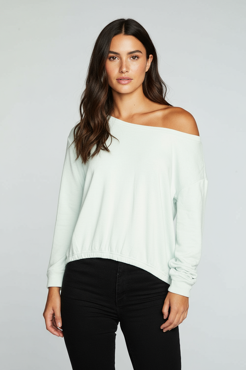 Slub French Terry Long Sleeve Pullover With Shirred Body Hem
