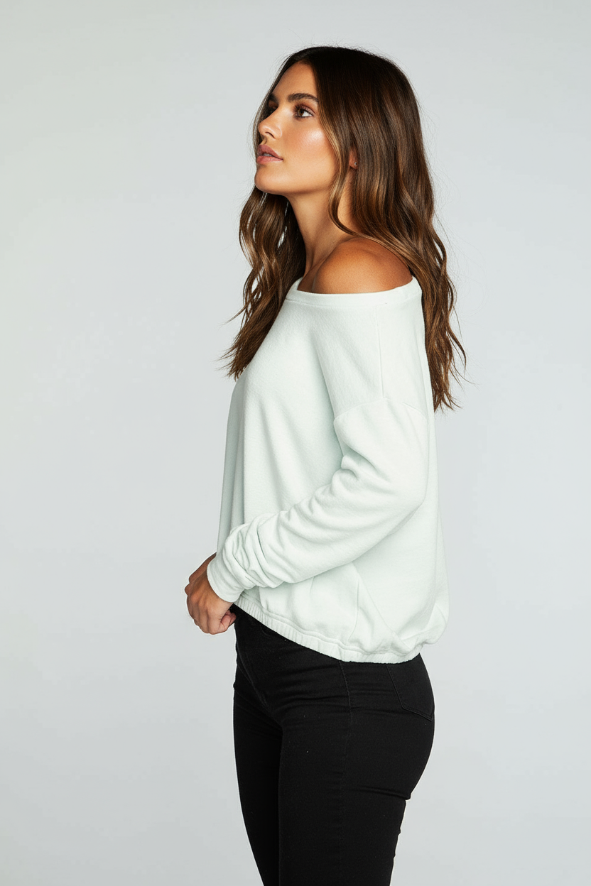 Slub French Terry Long Sleeve Pullover With Shirred Body Hem