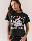 Black Rolling Stones tee with lips and dice graphic and cropped cut.