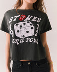 Black Rolling Stones tee with lips and dice graphic and cropped cut.