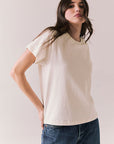 Side view of Rambler Starry White Tee with ringer neck and cap sleeves on a plain background