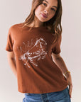 Whiskey brown graphic tee with horse line art and vintage font.