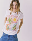 Chaser Costa Del Sol Tee in White featuring a soft pastel coastal graphic with palm trees and sunset tones on a relaxed short sleeve silhouette.